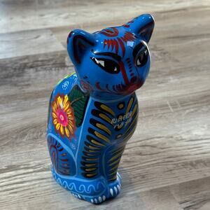 Hand Painted Blue Folk Art Cat Piggy Bank Coin Bank 8.5in
